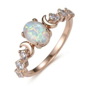 Rose Golden Tone Synthetic Opal with Moon and Rhinestones Ring (Size: 11)